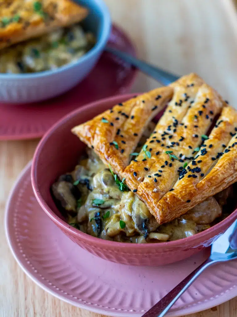 Golden, crispy puff pastry filled with creamy chicken and leek filling, creating the perfect pie.