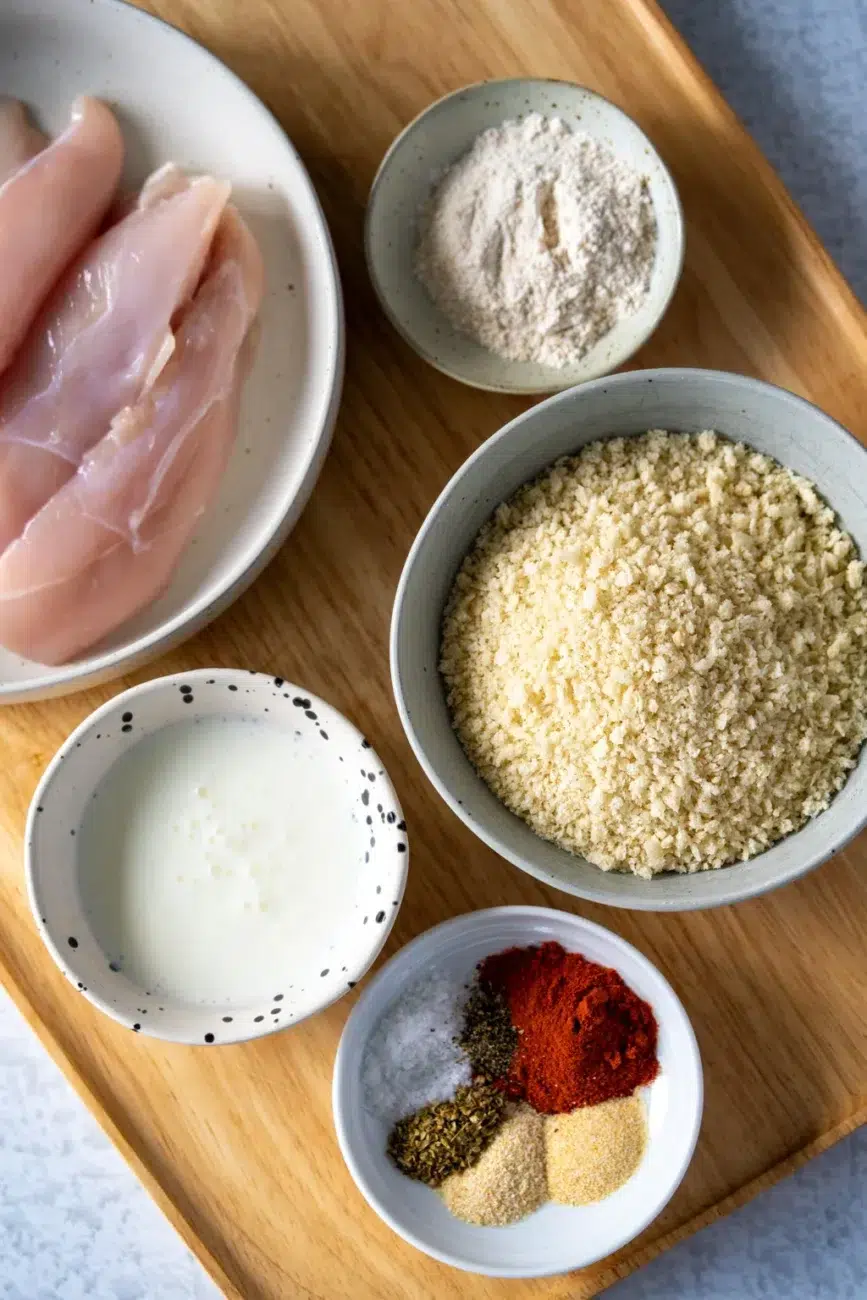 Ingredients for crispy baked chicken tenders, including chicken, panko, flour, buttermilk, and spices on a wooden board.