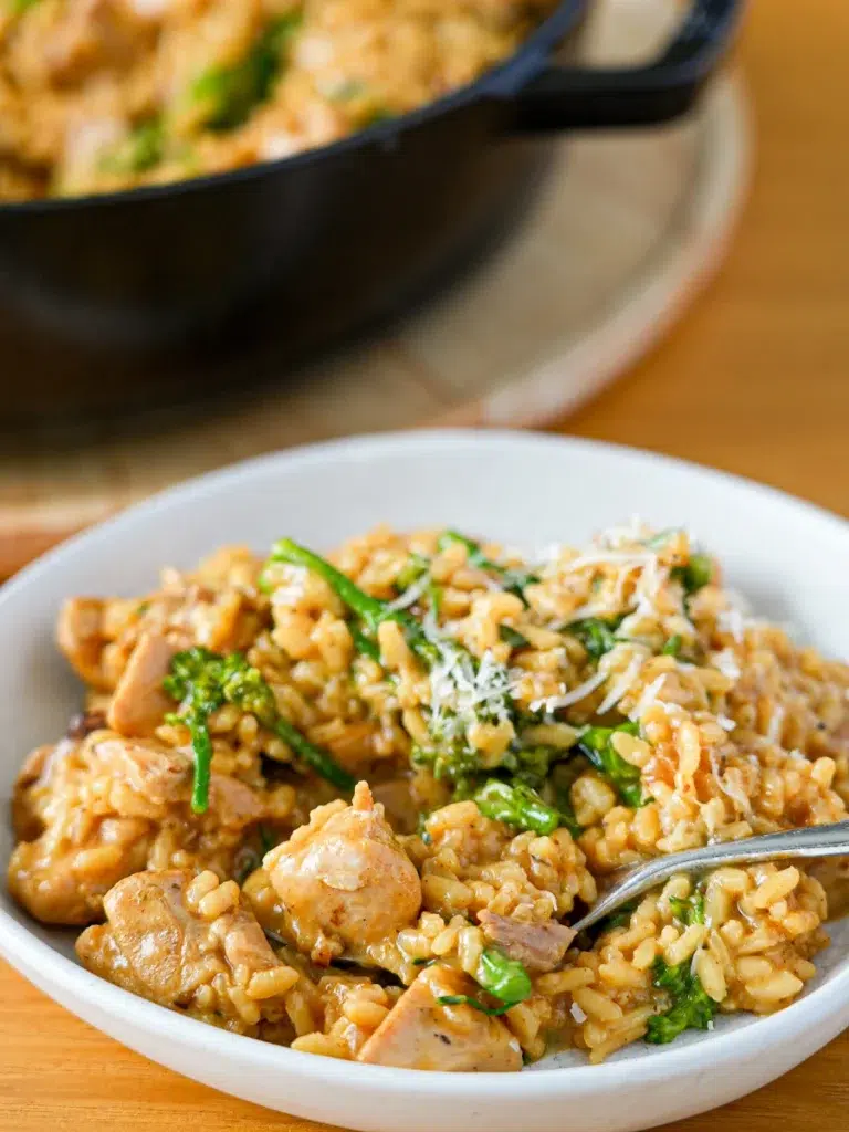 Cheesy Chicken and Broccolini Rice in bowl