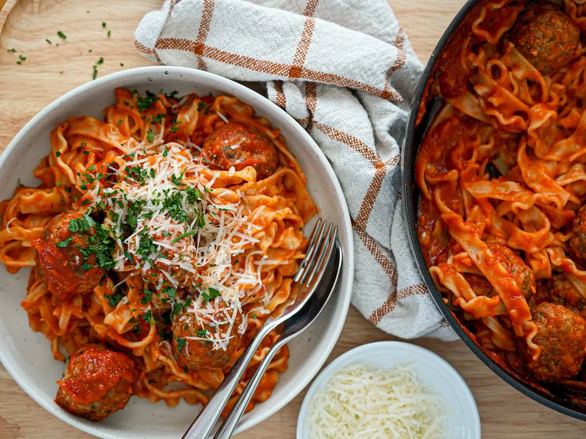 This pasta and meatballs dish is extra delicious as the meatballs are first baked until golden and caramelised, before being added to the sauce