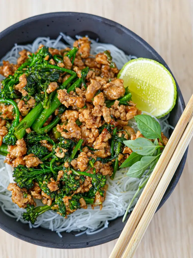Chicken and Thai basil stir-fry with noodles