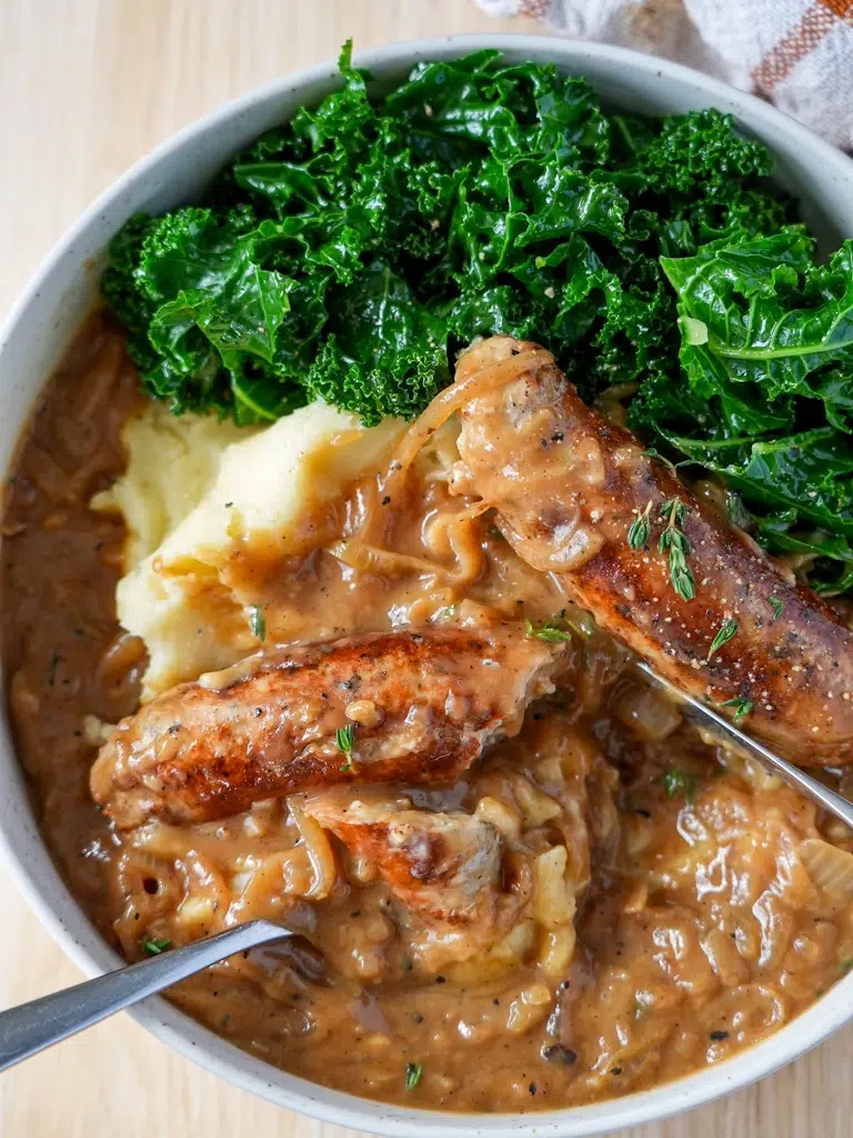 Sausages with homemade onion gravy