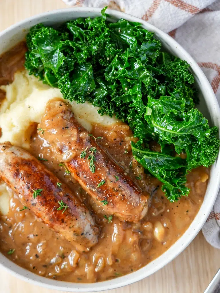 Sausages with homemade onion gravy