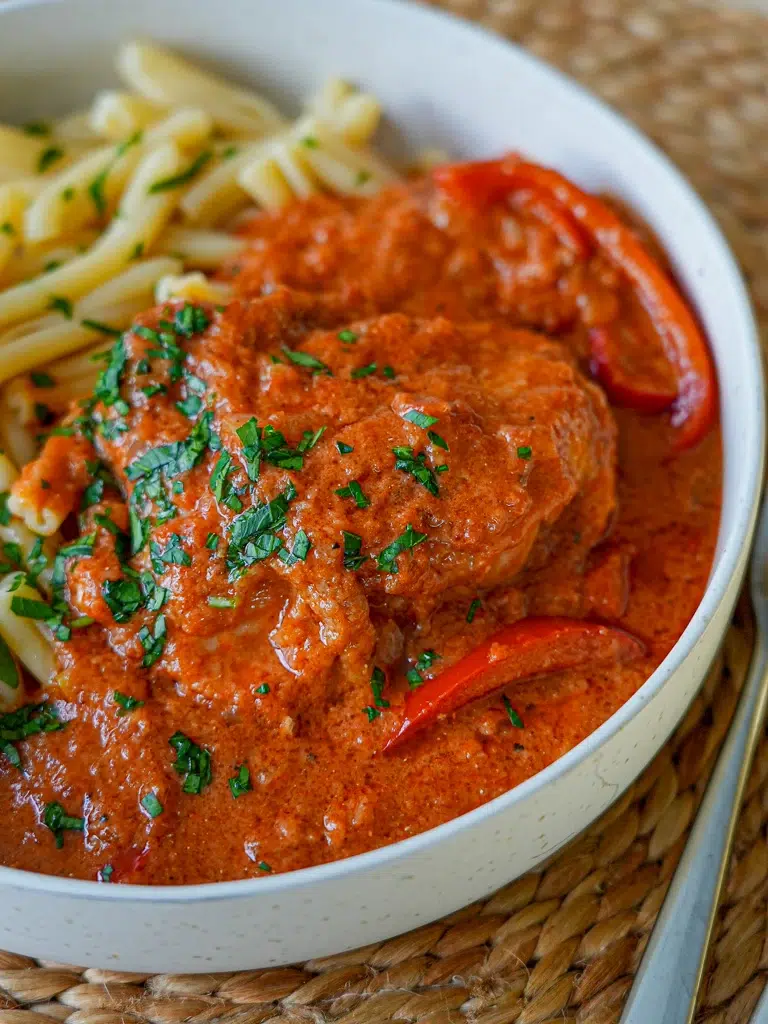 Close-up of Chicken Paprikash on a white plate