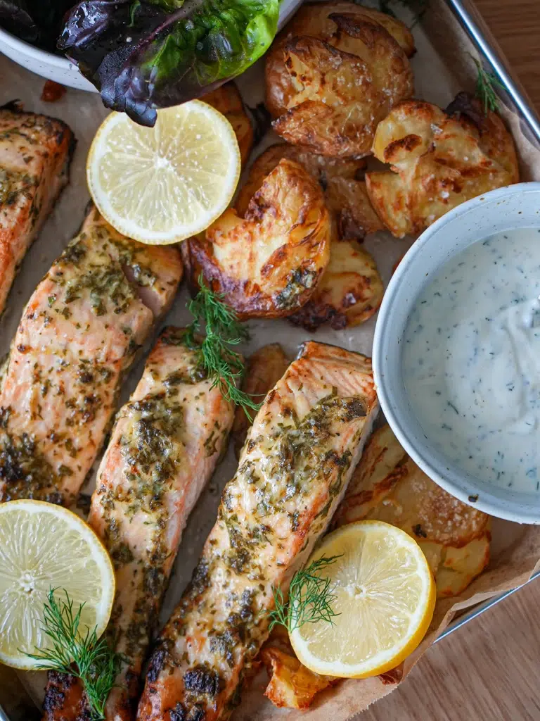 ijon salmon and golden potatoes in a pan, garnished with herbs and lemon, with a dipping sauce on the side