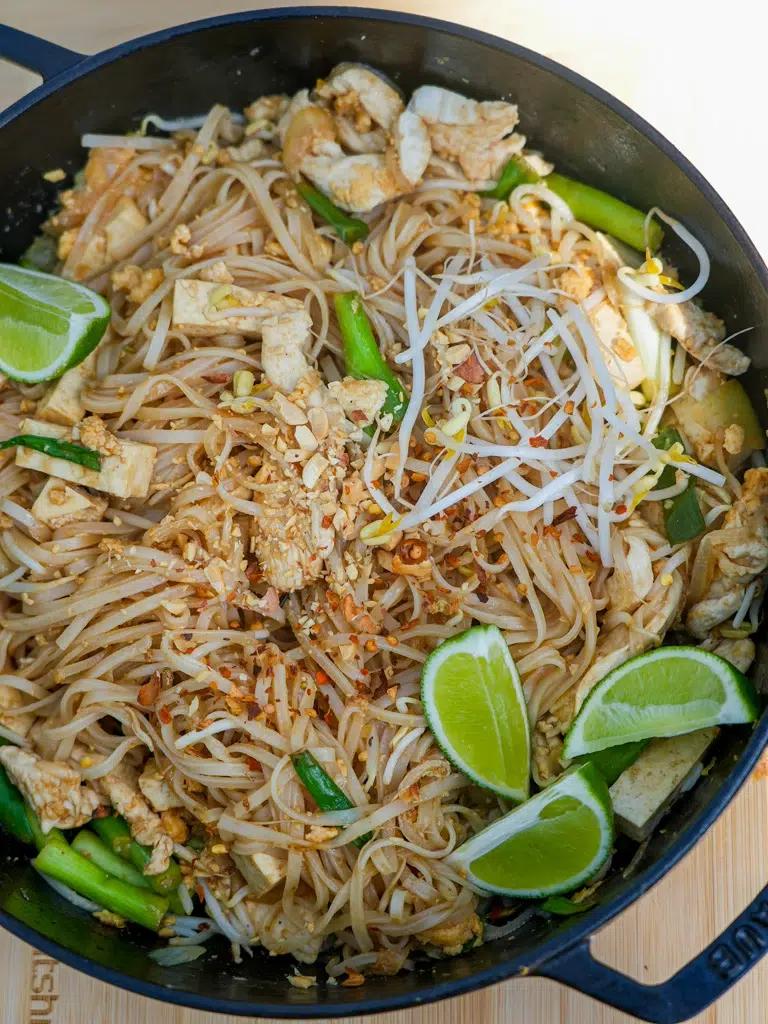 Freshly cooked chicken Pad Thai in a pan