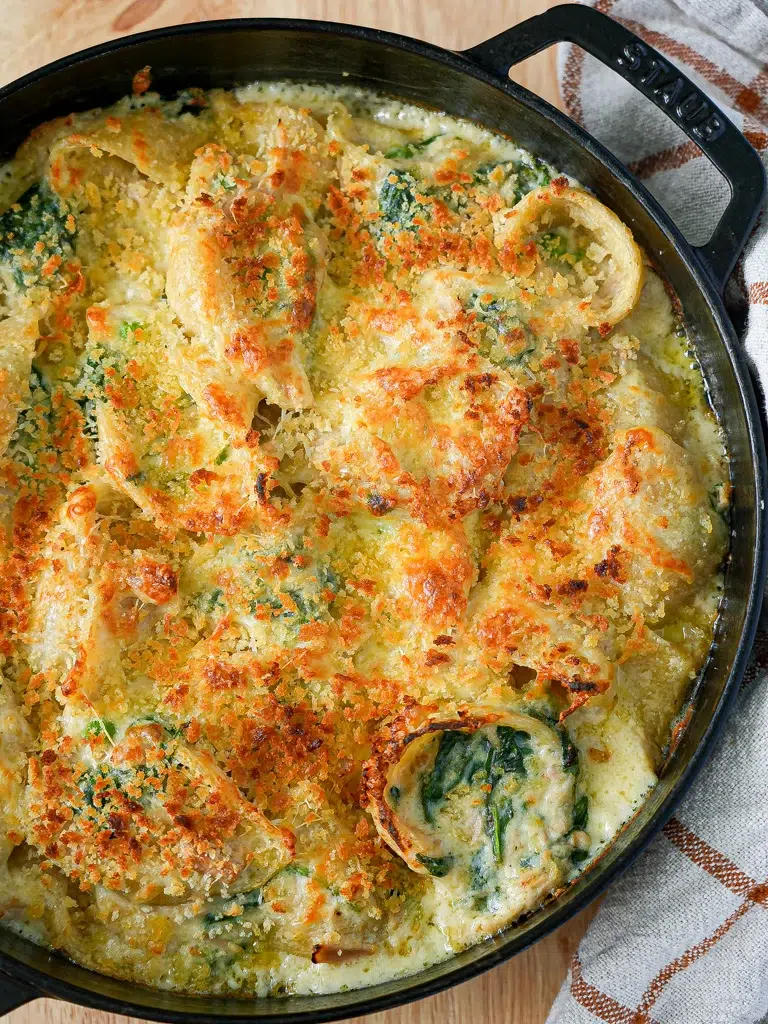 Long shot of Supercharged Tuna Mornay Pasta Bake in a pan.