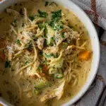 Close-up overhead view of a bowl of creamy lemon chicken noodle soup