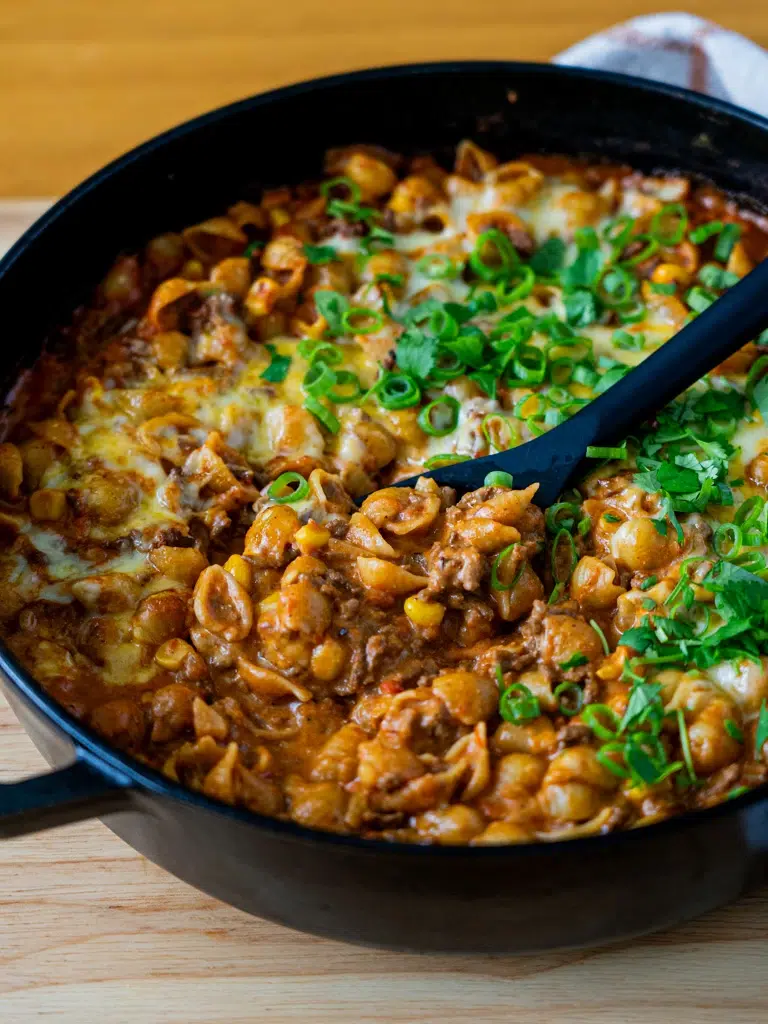 Side view of one-pan taco mac and cheese.
