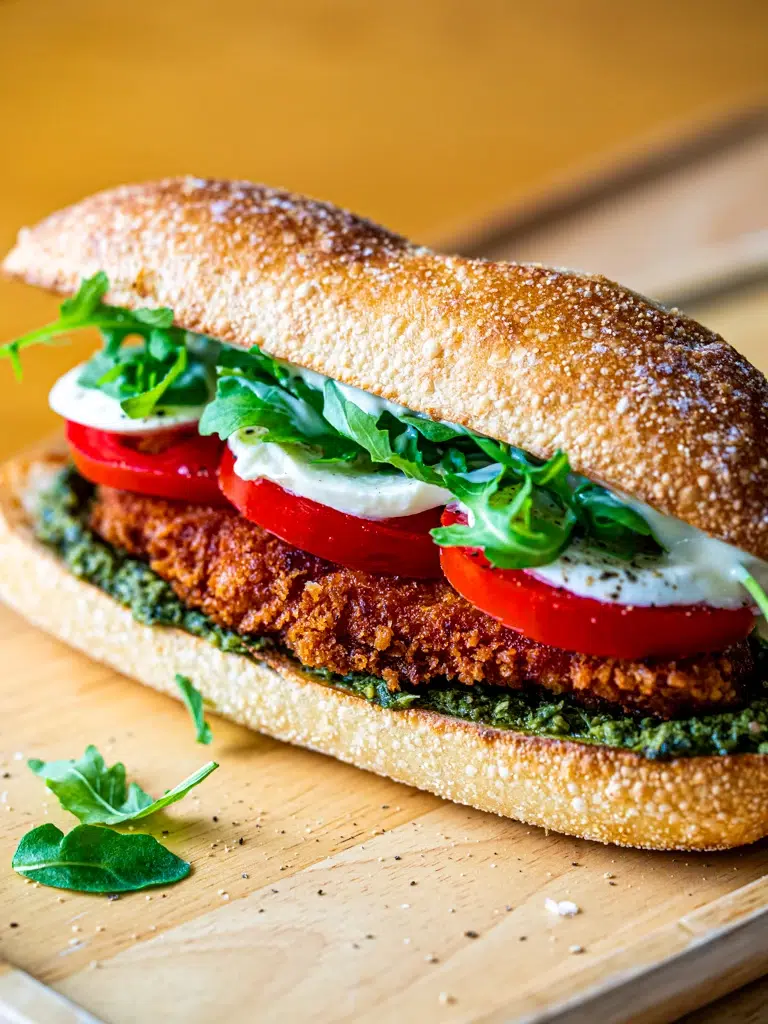 Whole crispy chicken pesto sandwich side view, showing toasted bread and melted cheese.