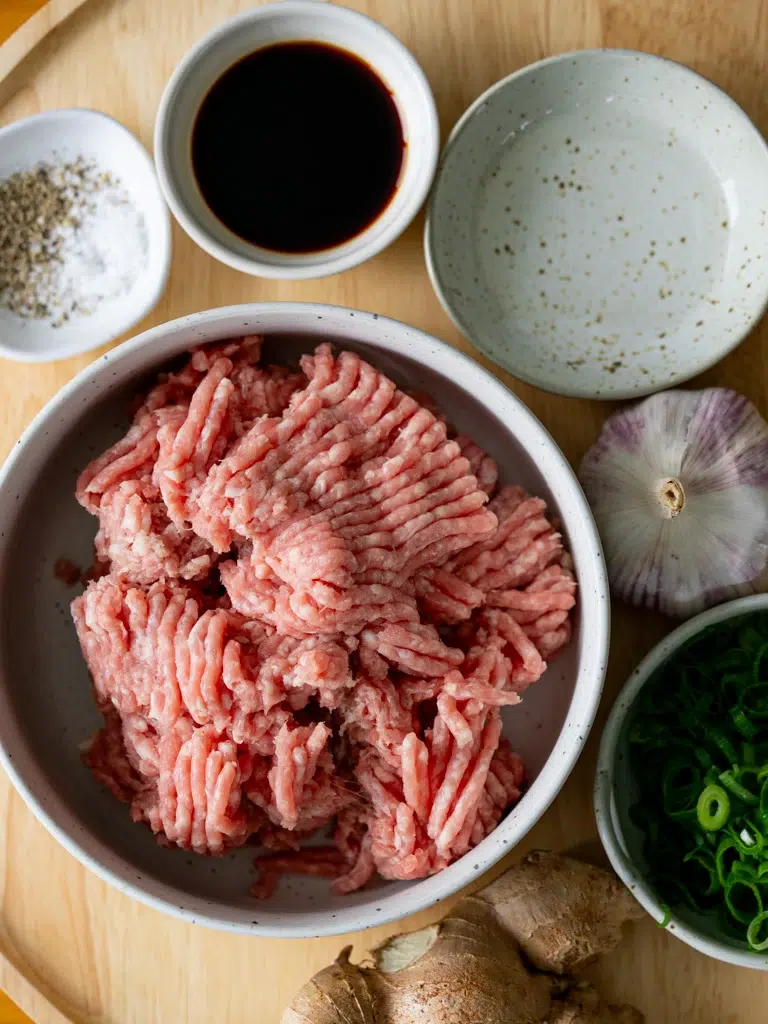 Overhead shot of pork meatball components like pork mince, aromatics, and sauces.