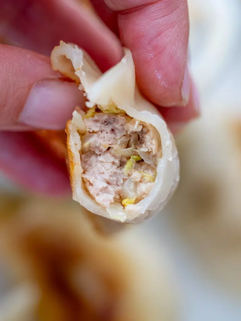 Close-up of a hand holding a cut pork and cabbage dumpling showing the juicy filling