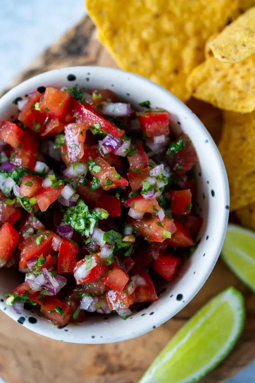 Overhead view of classic pico de gallo in a bowl, made with tomatoes, red onion, chili, coriander, lime, and salt