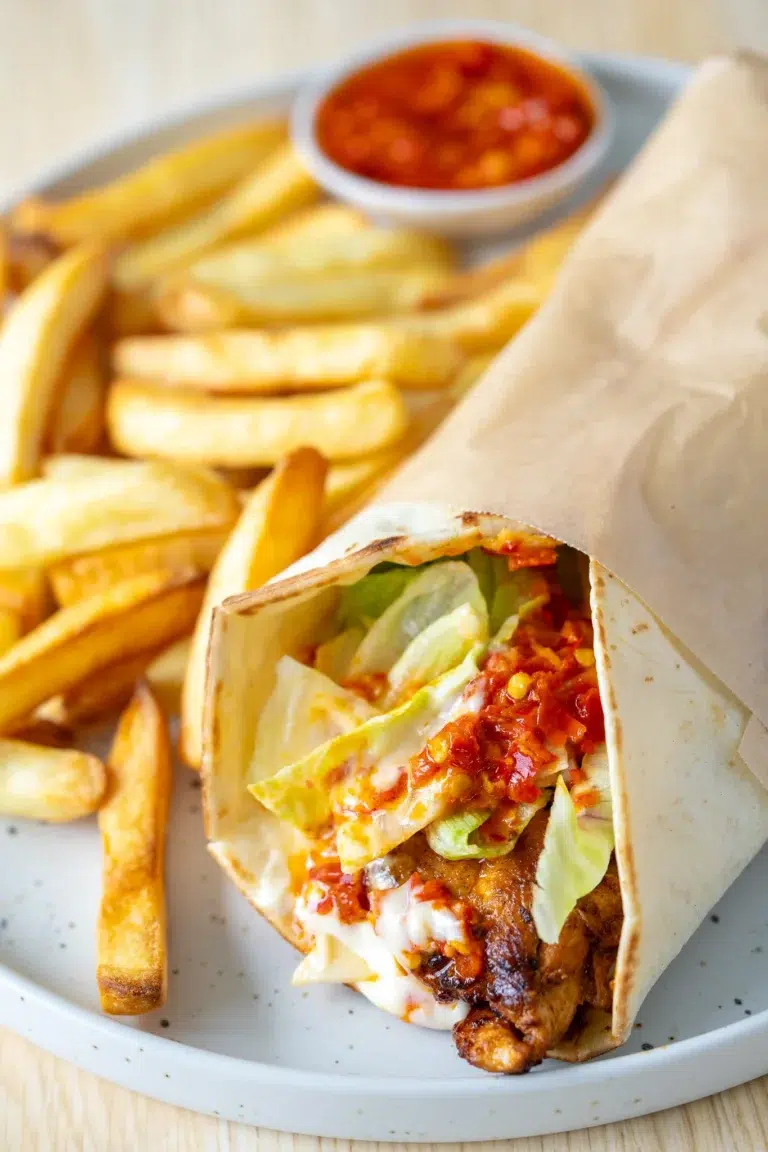 Close-up of Portuguese-style chili chicken wrap with lettuce, sauce, and fries on a plate