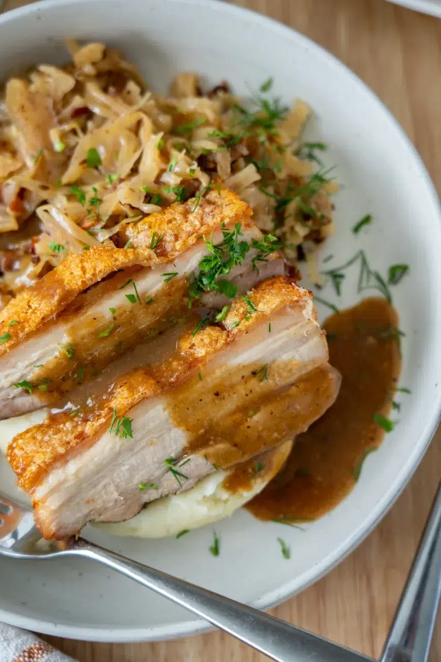 Crispy Pork Belly with Mash Potato and Gravy