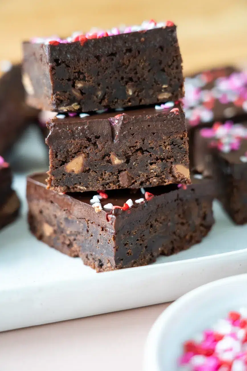 Valentines Day Brownies stacked closeup