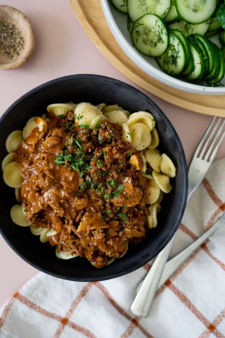 beef mince stroganoff recipe plated