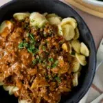 beef mince stroganoff with pasta and dill cucumber salad