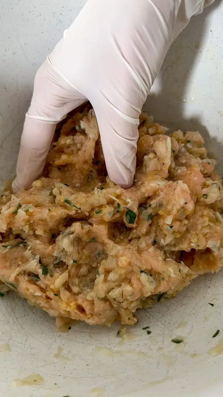 chicken rissole filling mixed in a large bowl