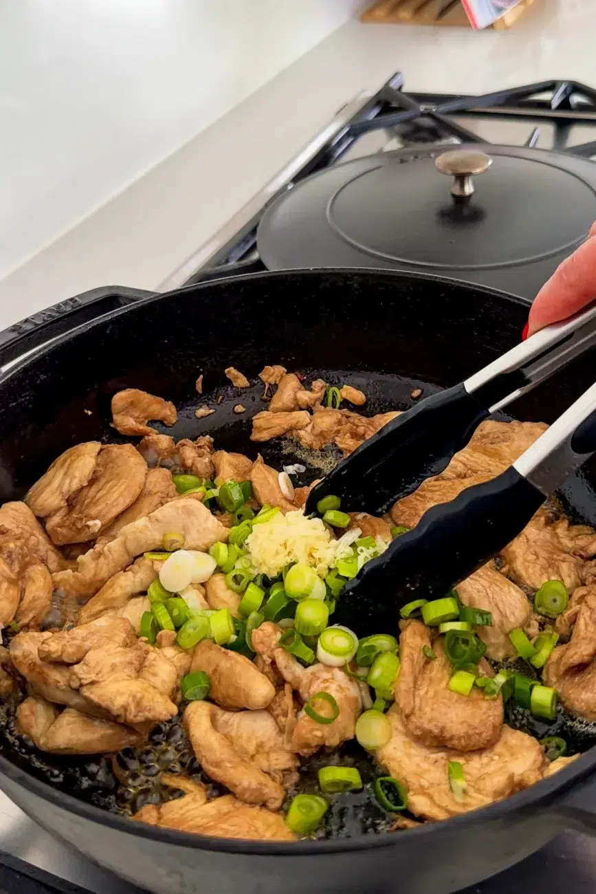 Chicken, spring onion and garlic in pan