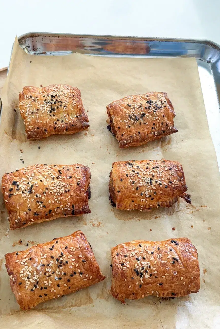 homemade sausage rolls fresh out of the oven