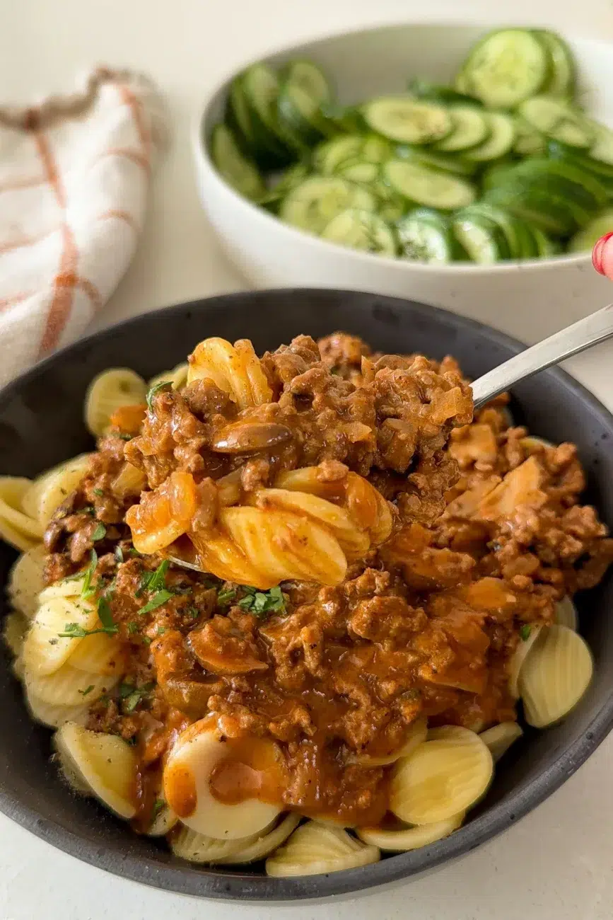 plated up beef mince stroganoff recipe with serving spoon