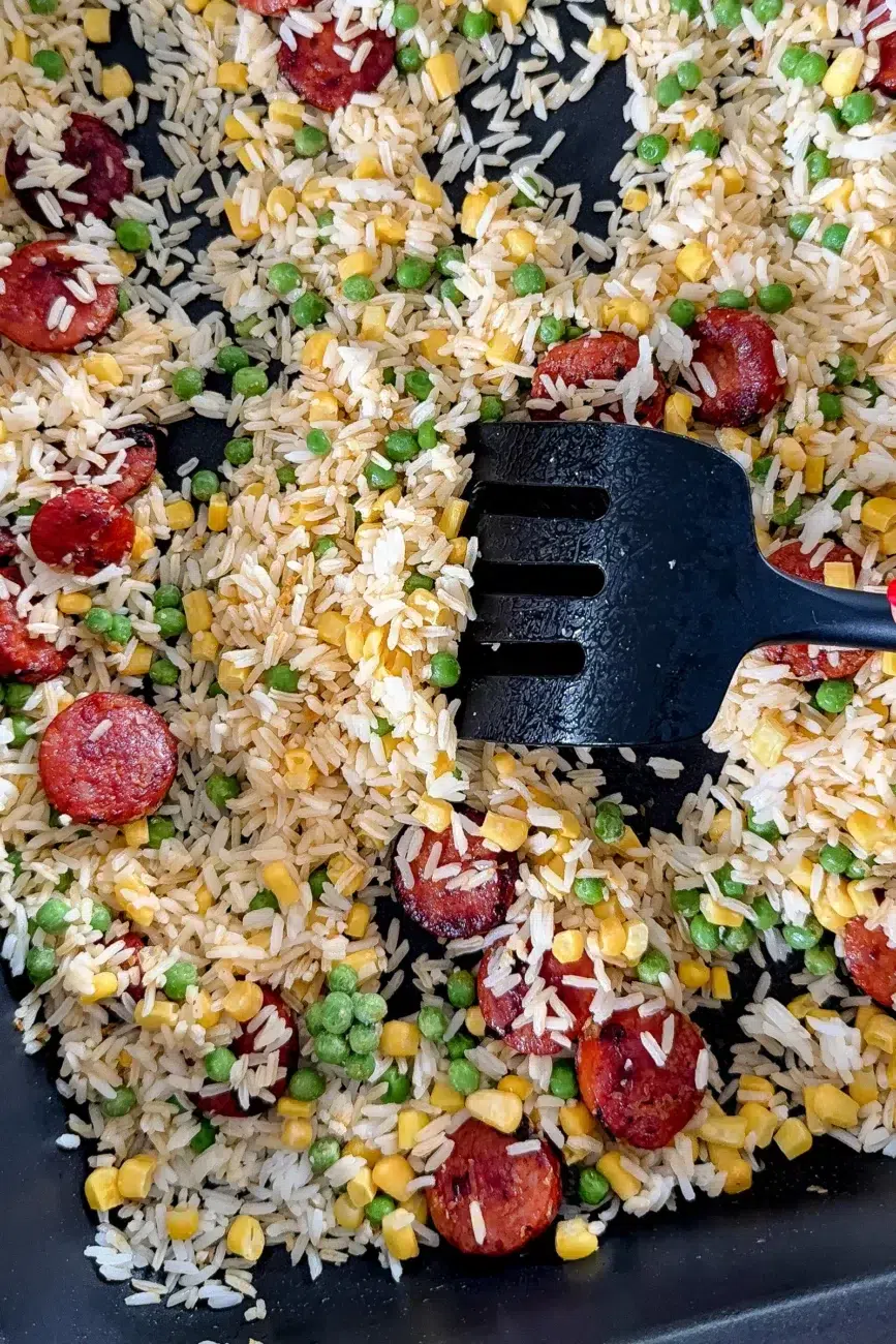 Rice, chorizo, veggies and egg mixed together
