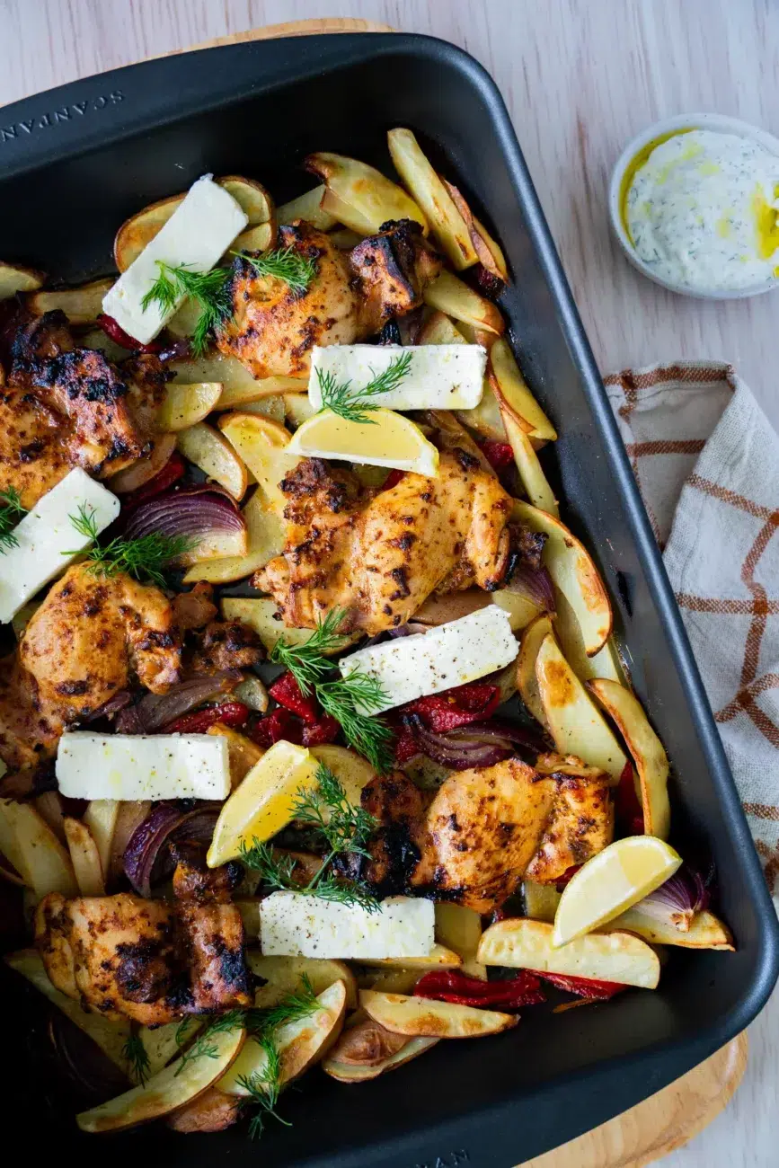 Chicken souvlaki recipe with potatoes in tray