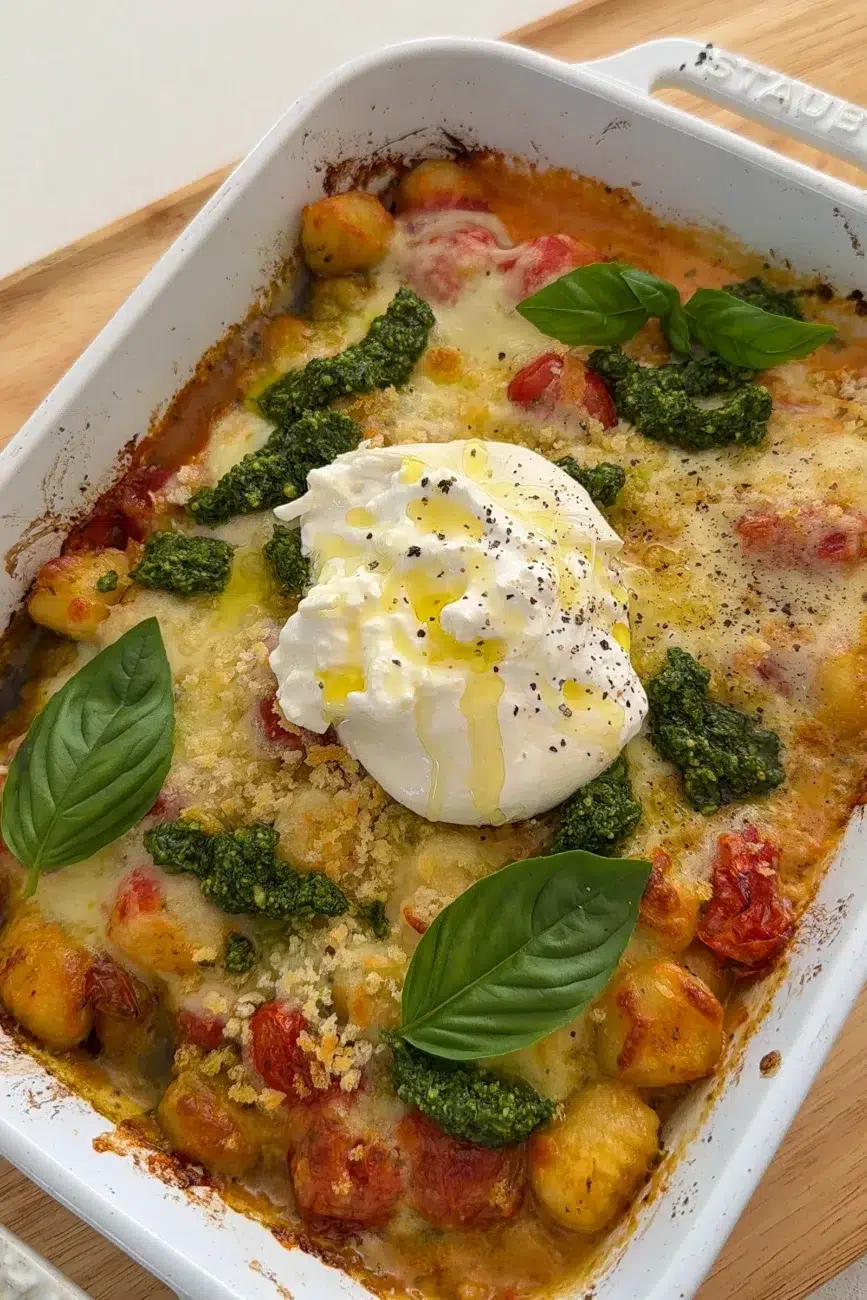 Tomato and Pesto Gnocchi Bake with Burrata