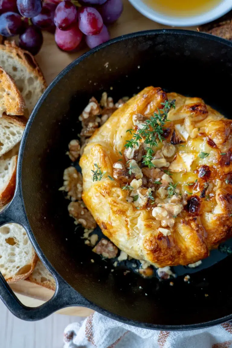 Baked Brie overhead closeup shot on platter