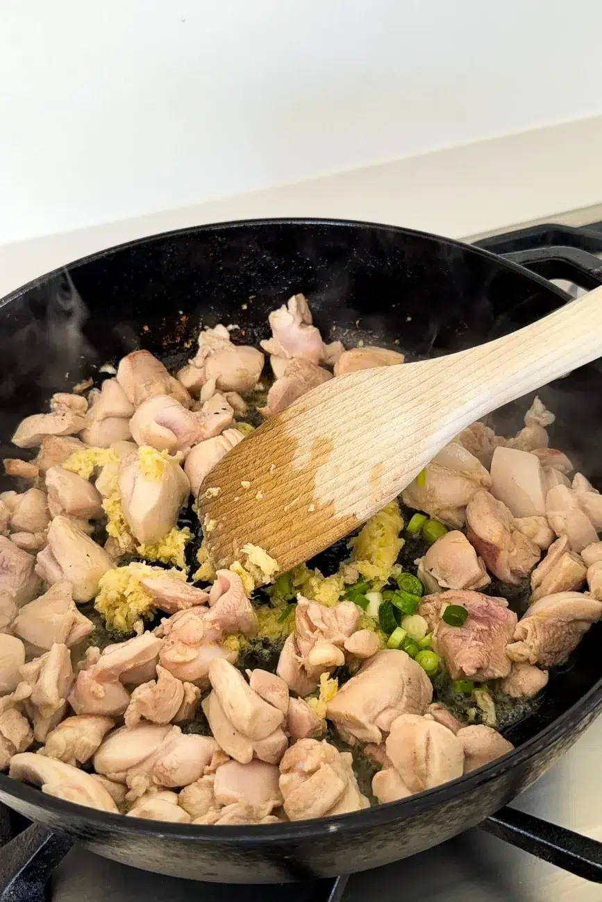Chicken spring onion garlic and ginger cooking in pan
