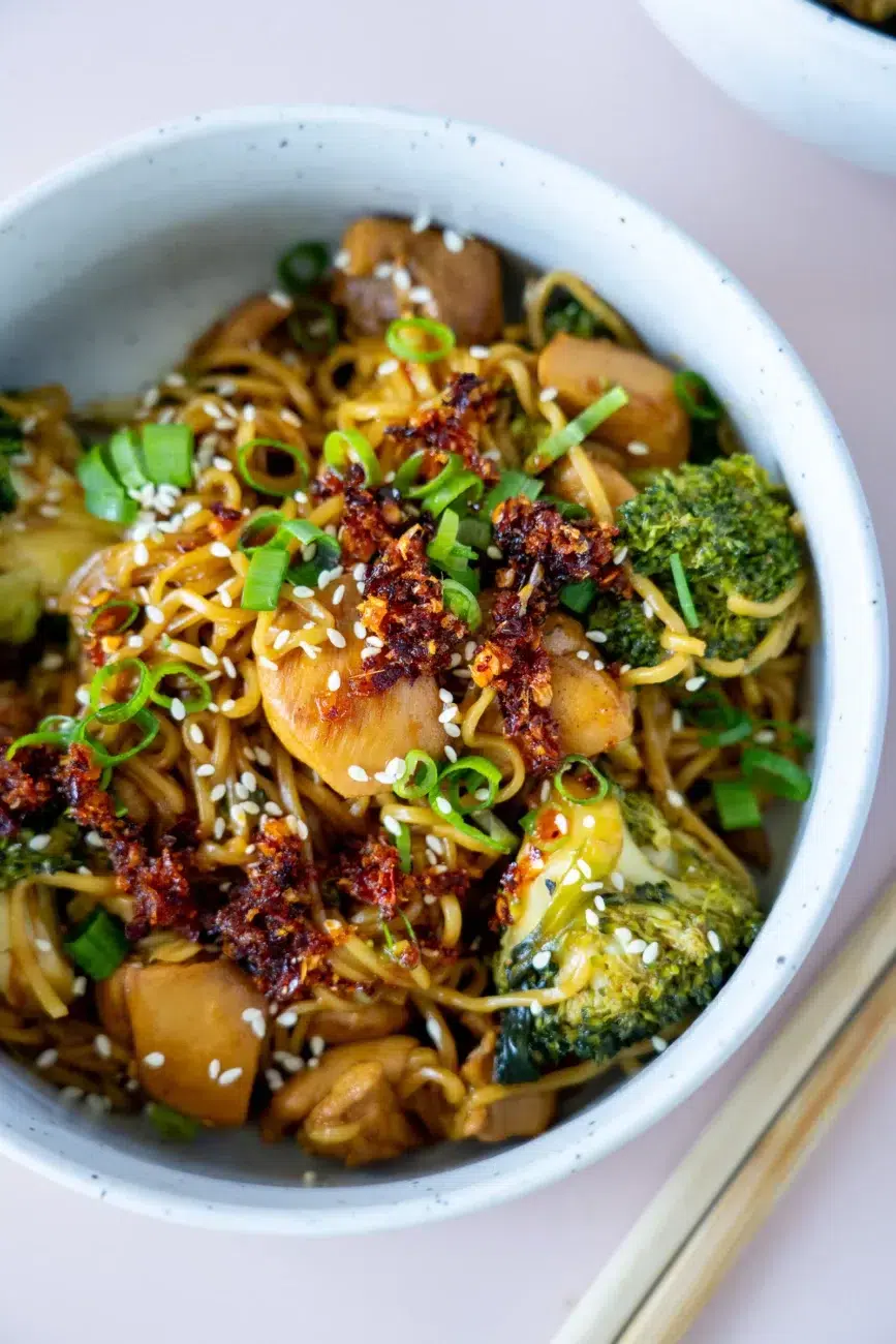 One pan chicken and broccoli ramen noodles recipe plated