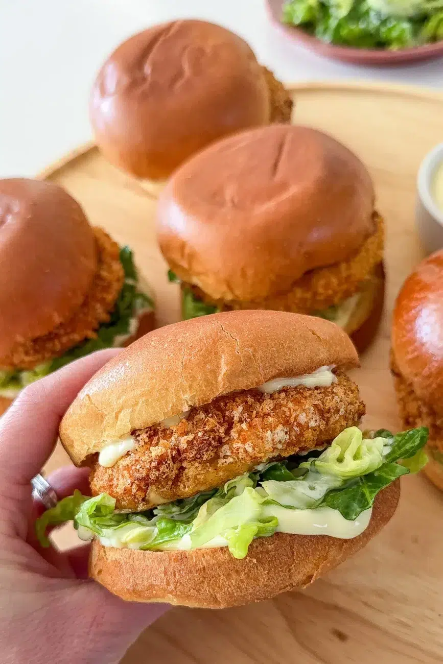 Crispy minced chicken burger served in brioche bun