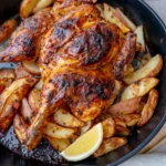 Finished chicken and potatoes in tray overhead shot