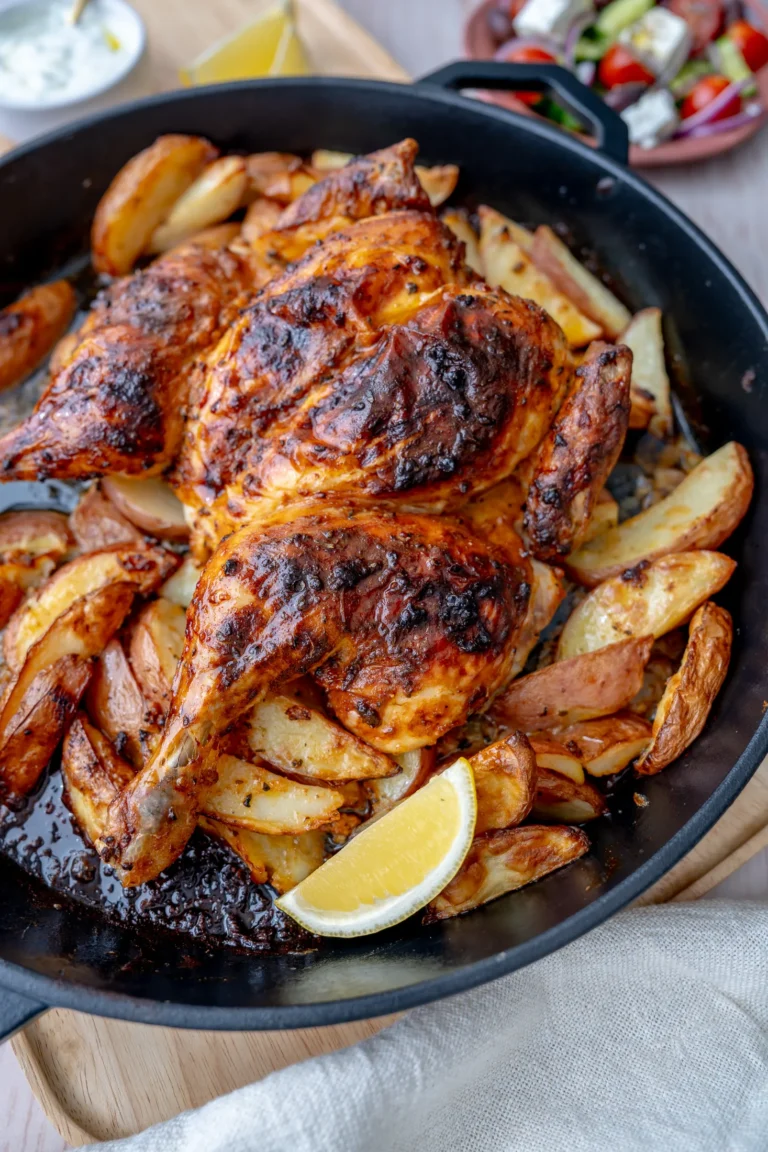 Finished chicken and potatoes in tray overhead shot