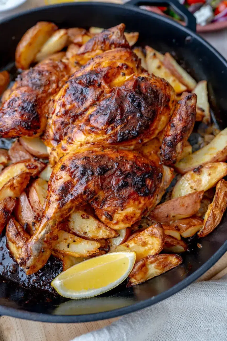 Finished chicken and potatoes in tray tighter crop