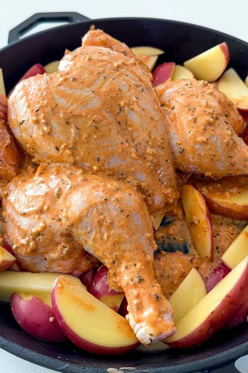chicken marinated some of the marinade will leak onto potatoes