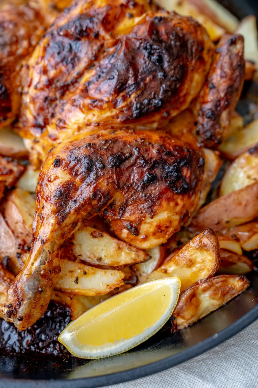 finished chicken and potatoes recipe in tray