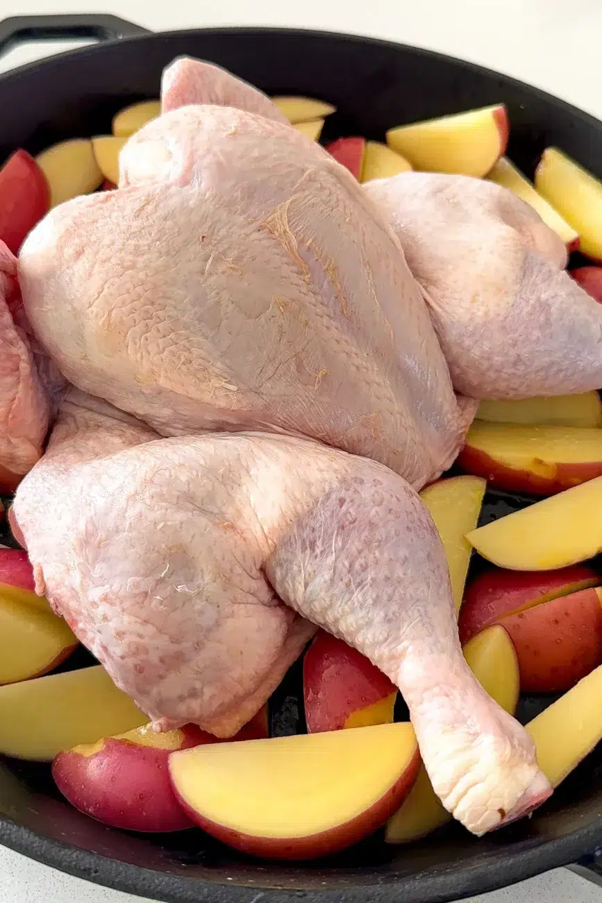 spatchcocked chicken placed on top of potatoes