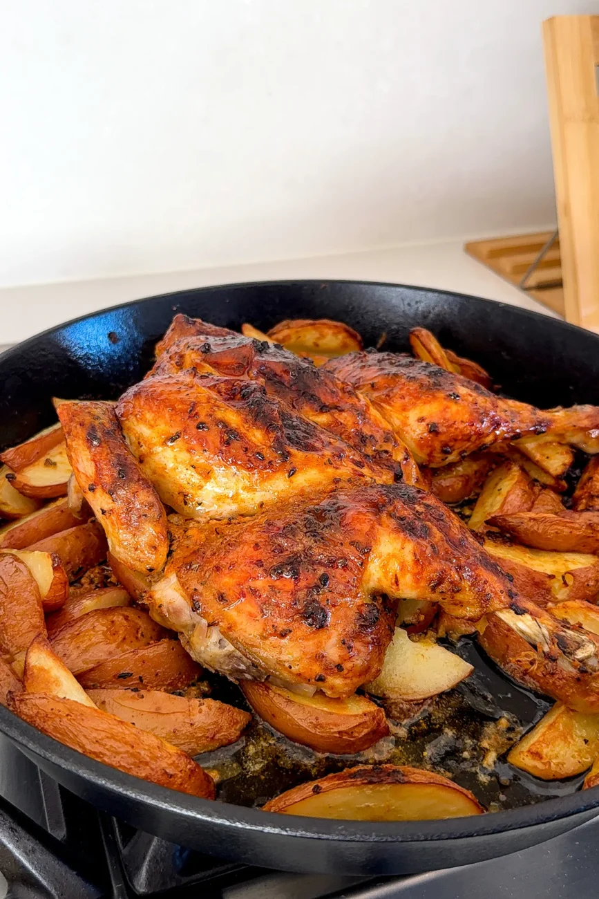 what the chicken and potatoes look like once they are finished